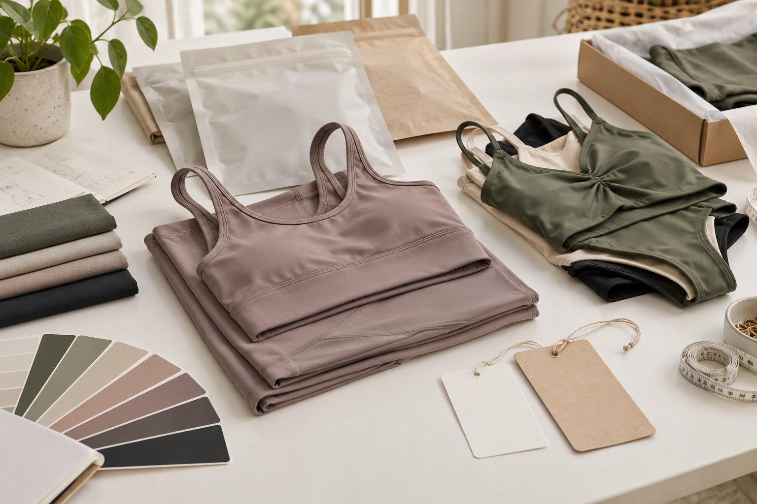 Illustrative coordinated activewear and private-label packaging reference