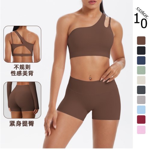 Single Shoulder Sports Bra & Yoga Shorts Matching Set (Regular) yoga and activewear product, front view