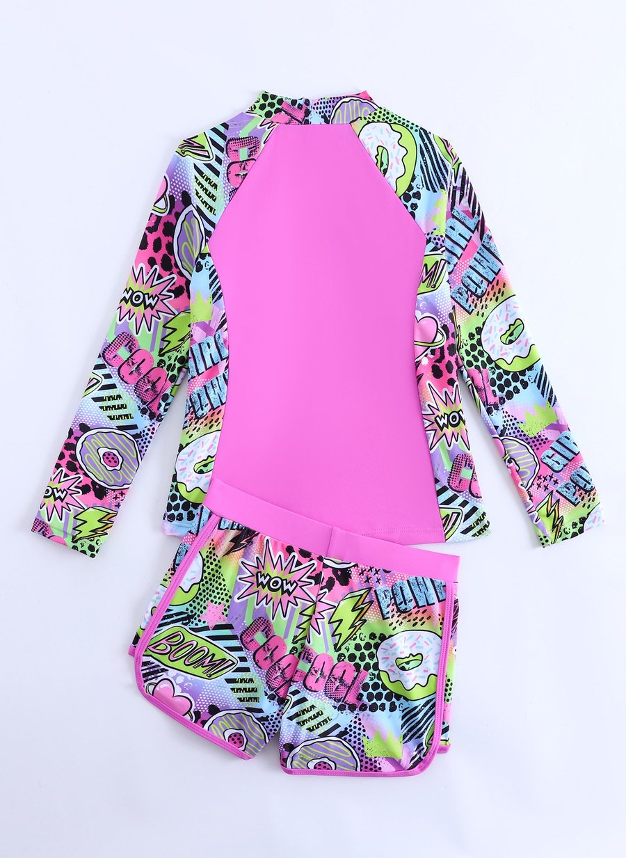 Girls' rash guard swim set, back view with all-over pop-art print on the sleeves and shorts