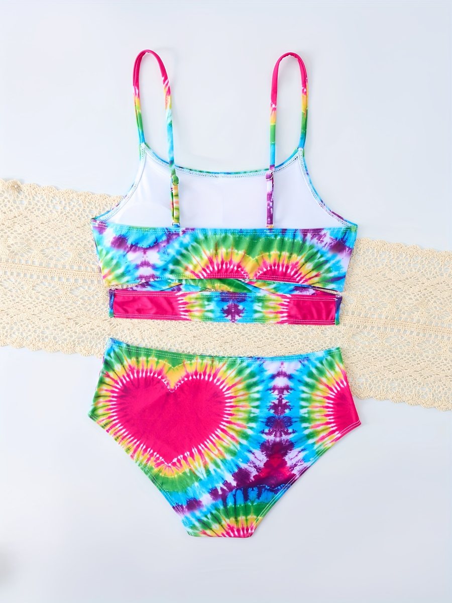 Girls' tie-dye heart bikini set, back view showing the lined top and brief