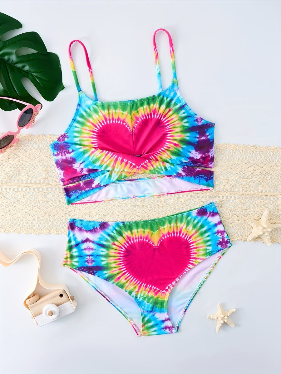 Girls' rainbow tie-dye heart print two-piece bikini set with lined brief, front view