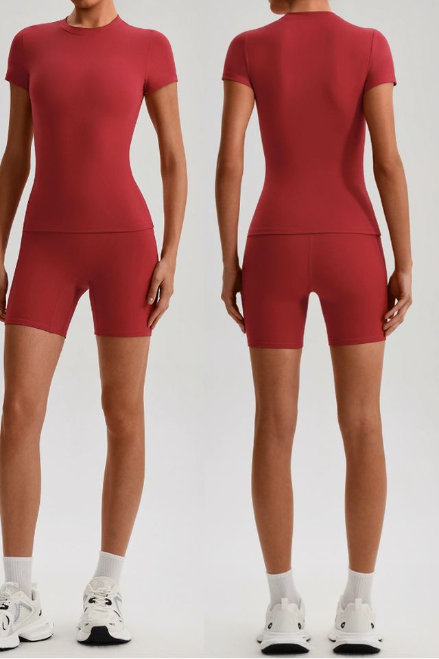 MC0109 Two-Piece Set style sample in Brushed 220 gsm nylon-spandex knit, shown on model