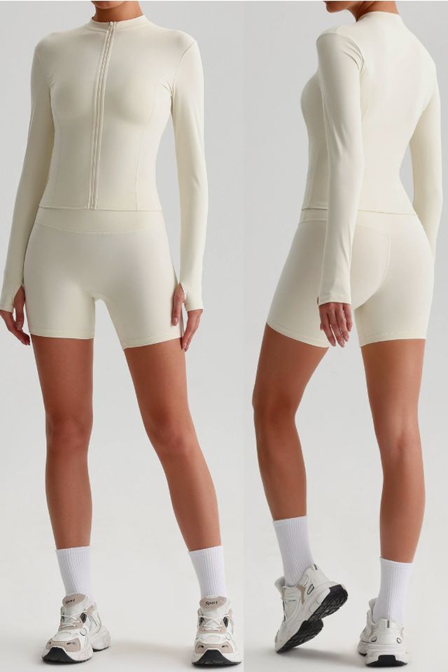 MC0156 Two-Piece Set style sample in Brushed 220 gsm nylon-spandex knit, shown on model