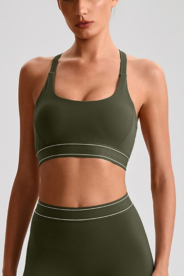 MC2231 Sports Bra style sample in Brushed 220 gsm nylon-spandex knit, shown on model
