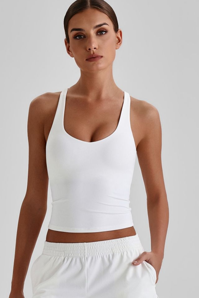 Y4123 Yoga Tank style sample in Super Soft 230 gsm nylon-spandex knit, shown on model